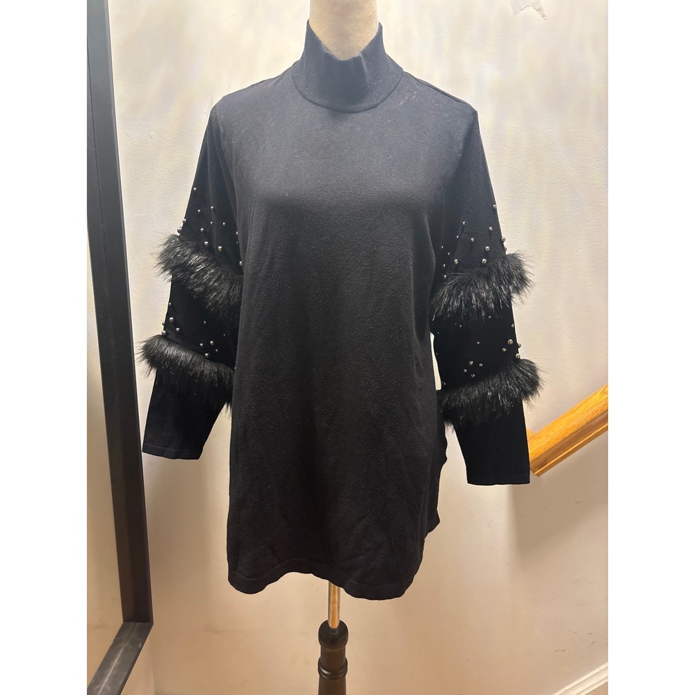 Alfani Knit Faux Fur Studded Sweater Women L Black  Mock Neck Tunic